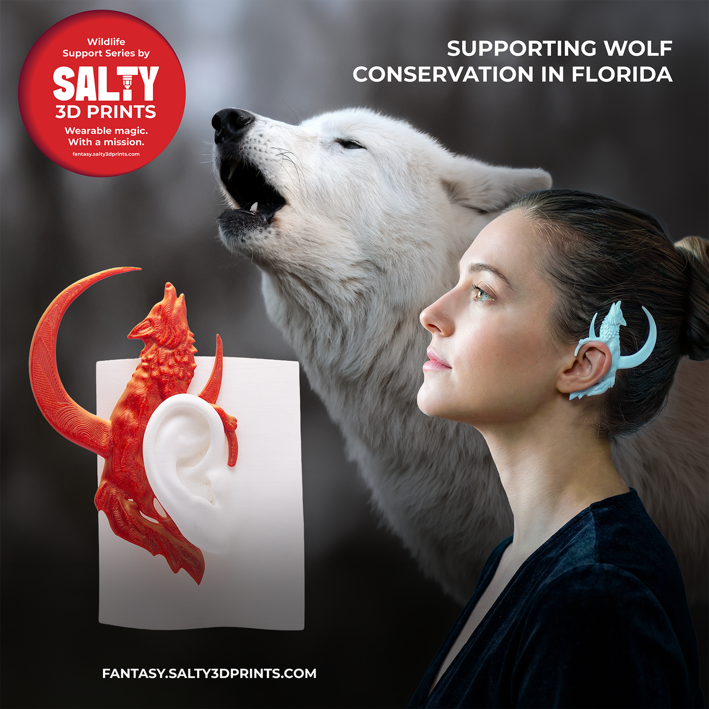 Dire Wolf Moon Ear Cuffs (Set of 2):  Fantasy Cosplay Jewelry, No Piercing, Supports Wildlife
