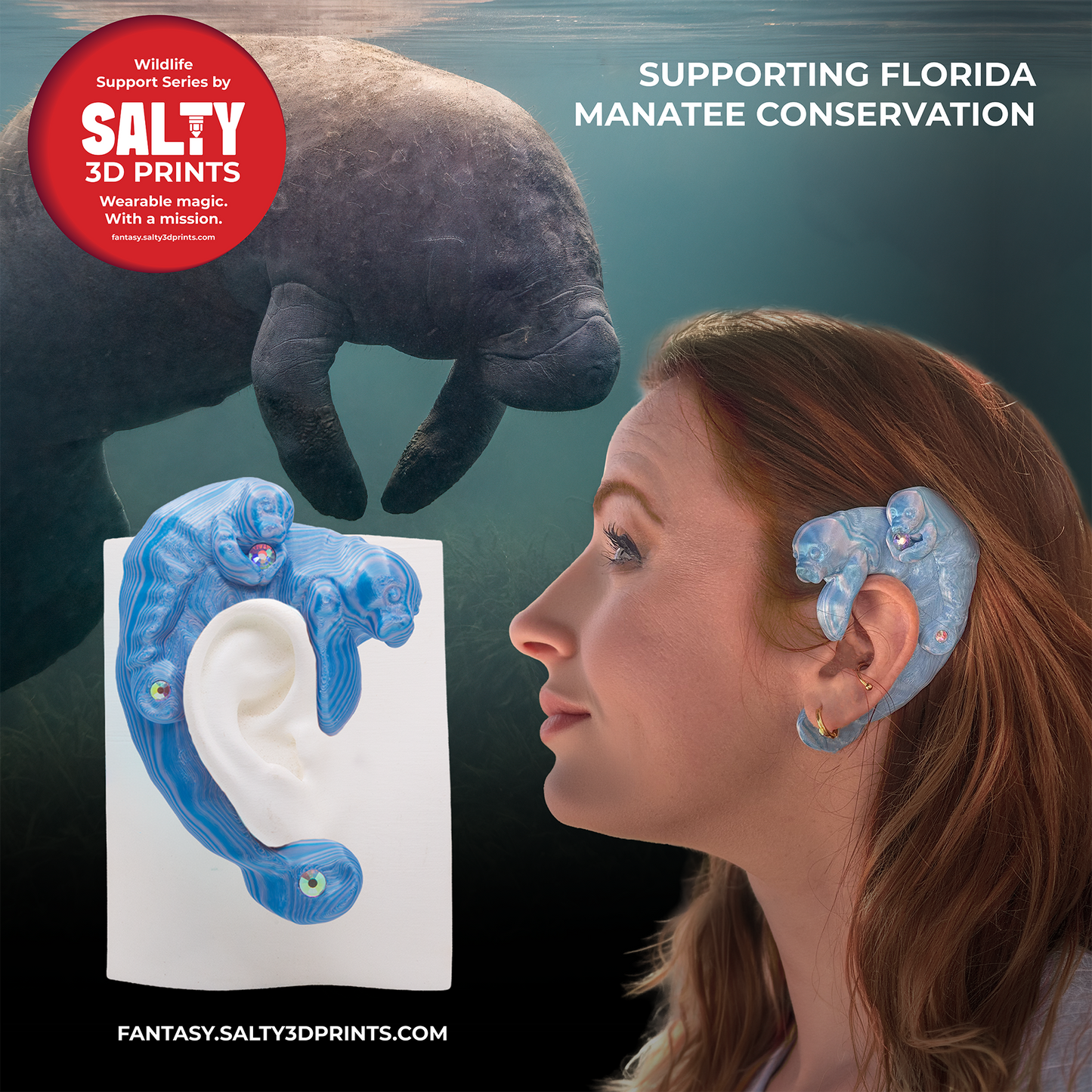 Florida Manatee Ear Cuffs (Set of 2):  Fantasy Cosplay Jewelry, No Piercing, Supports Wildlife